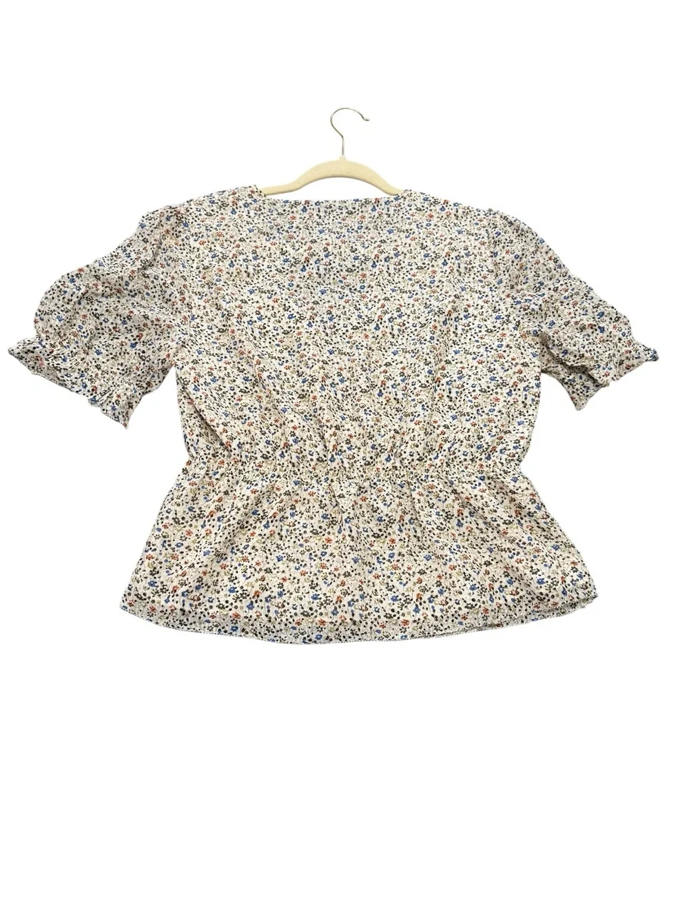 Madewell Silk Floral Puff Sleeve Peplum Blouse Ivory Blue Print Size Small